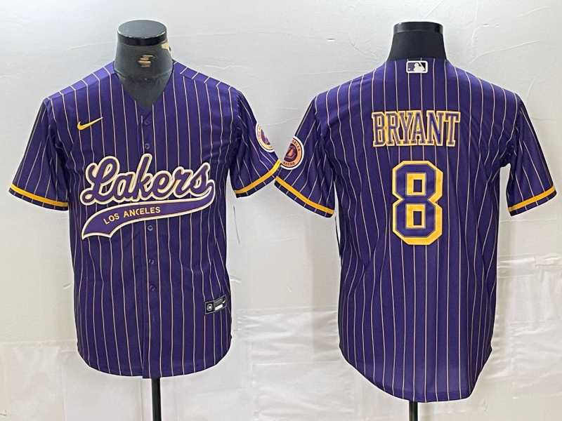 Men%27s Los Angeles Lakers #8 Kobe Bryant Purple Pinstripe Cool Base Stitched Baseball Jersey